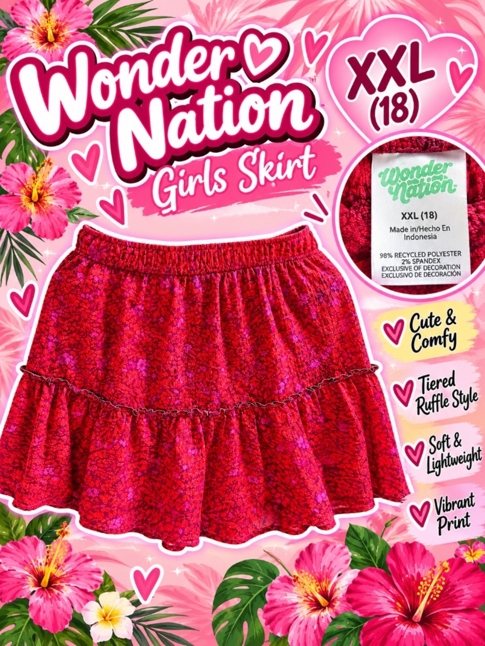 Wonder Nation Girls XXL 18 Pink Tiered Ruffle Skirt